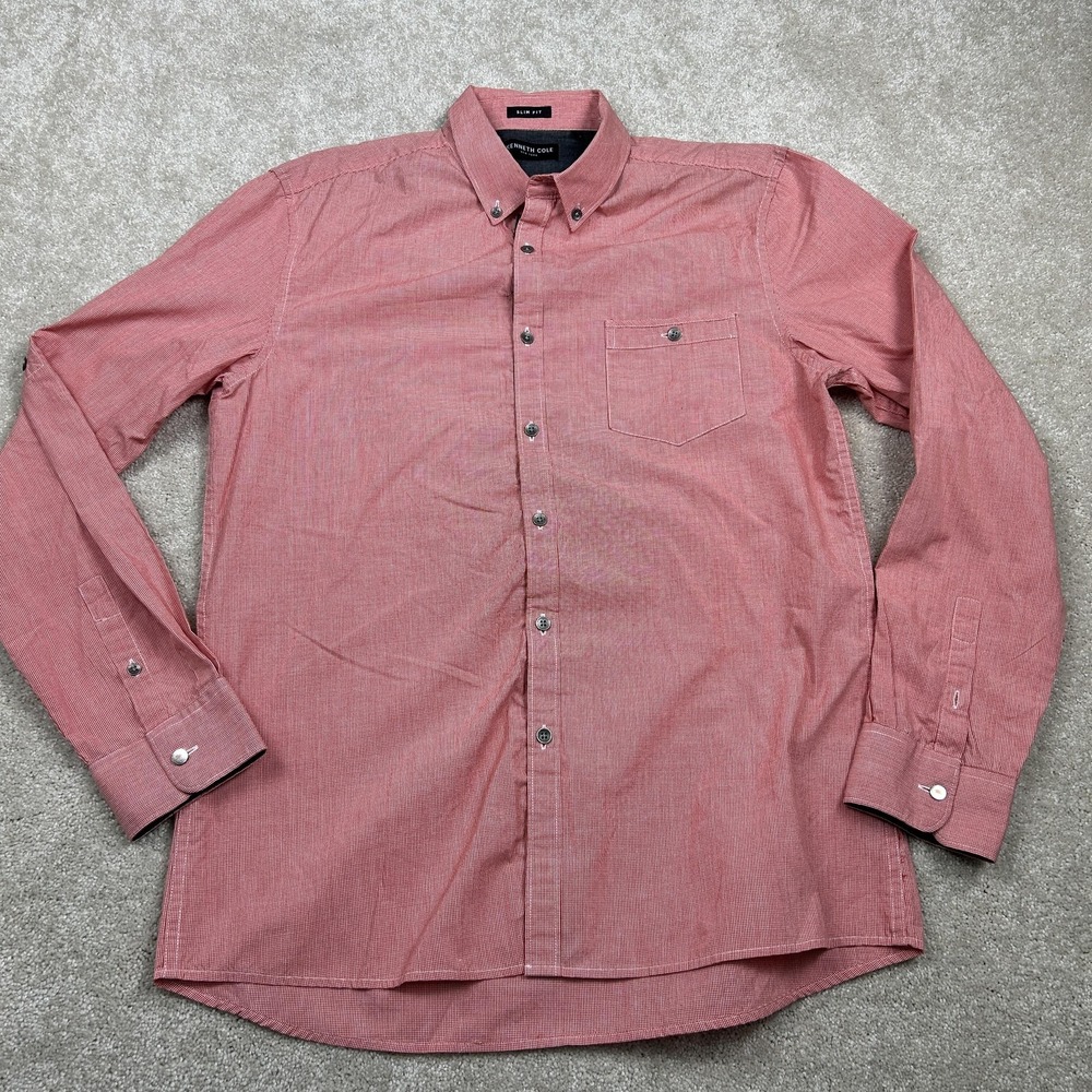 Kenneth Cole Shirt‎ Mens Large Red Check Long Sleeve Slim Fit Button Up Casual
